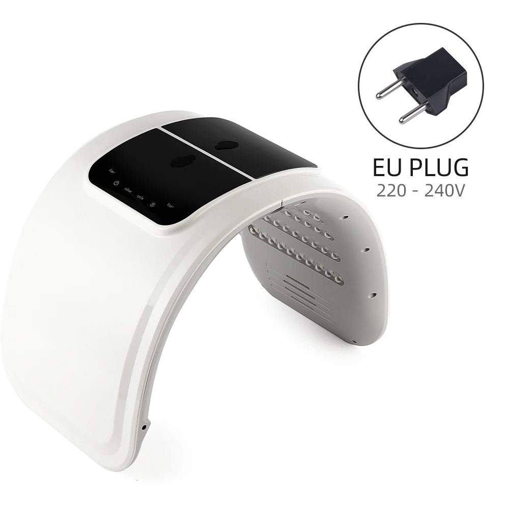White arched LED light therapy facial mask with a control panel and an included EU plug adapter.