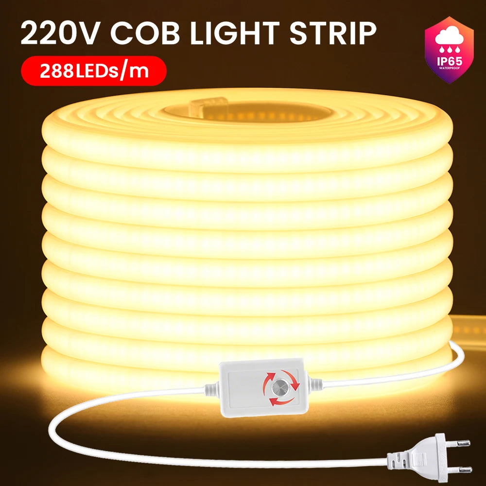 220V Dimmable COB Led Strip Light ON/OFF Dimmer Waterproof 288Leds Flexible Neon Lamp Home Decor EU Power Kit Warm Natural White