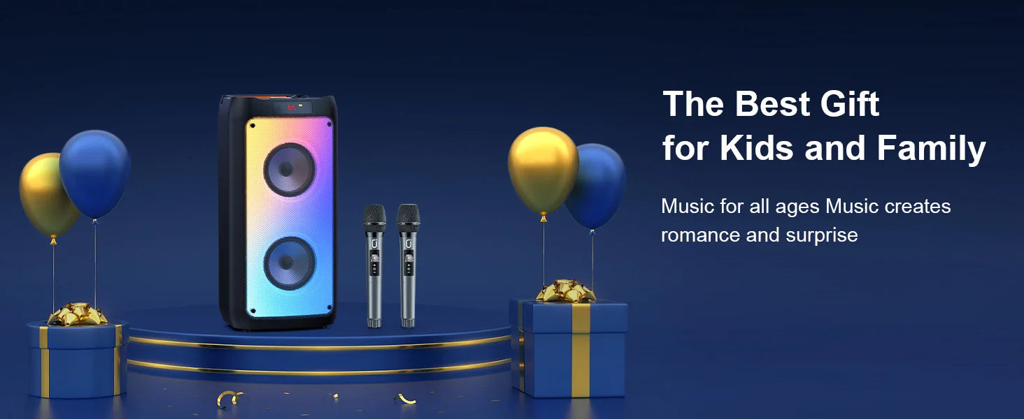 Wireless Bluetooth Speaker, Karaoke Machine with 2 Microphone, Home Karaoke System with LED Party Light, Remote Control