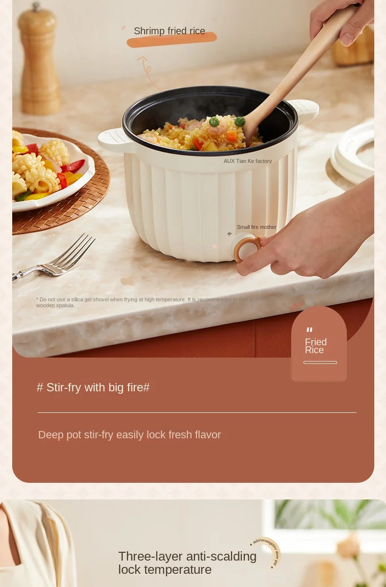 White electric rice cooker holding shrimp fried rice, stirring with utensil