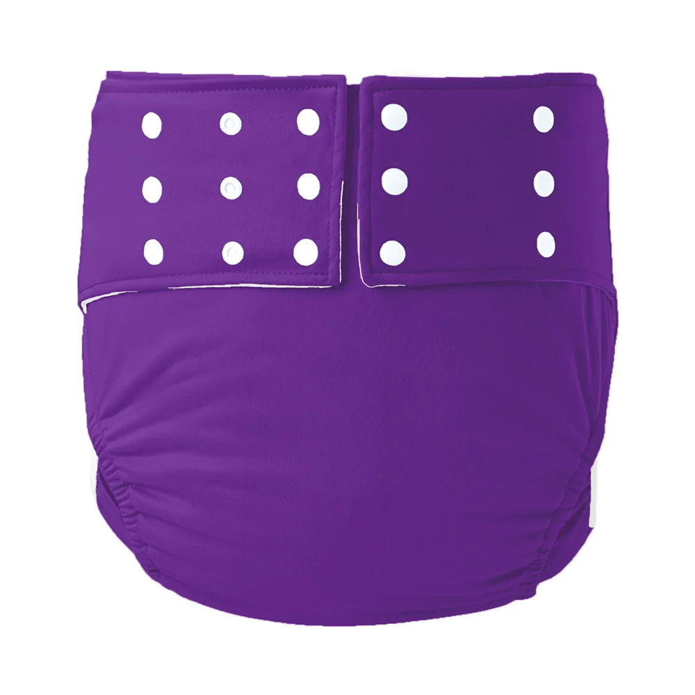 Solid purple reusable cloth diaper for babies with adjustable white snap closures.