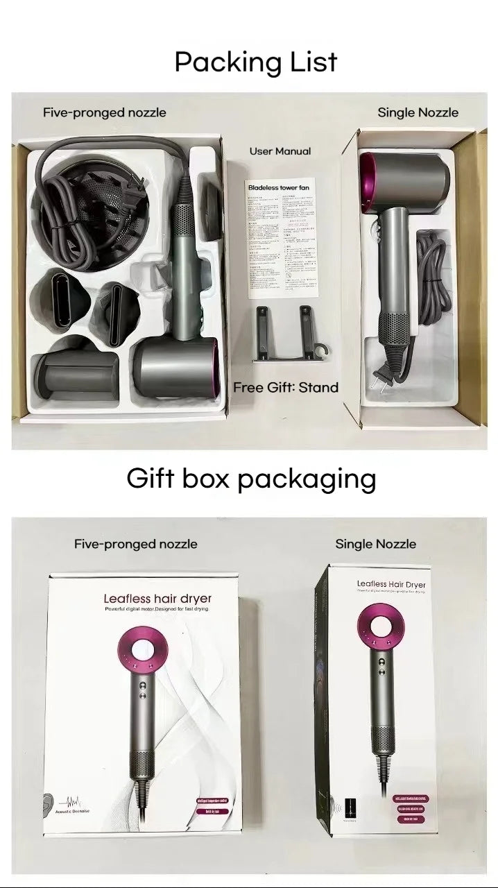Grey high-speed ionic hair dryer set with magnetic nozzles, stand, and gift box packaging for fast, salon-style drying.