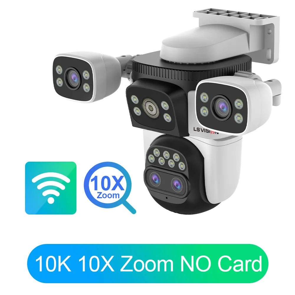 LS VISION Wireless WiFi Camera, 10K, 20MP, Outdoor, 10X Zoom, Four Lens, 720 ° PTZ, Automatic Tracking, Waterproof CCTV Cam