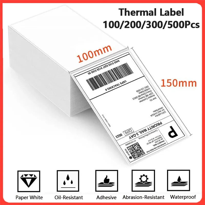 Thermal shipping label sheet, adhesive white 100x150mm with barcode and tracking.