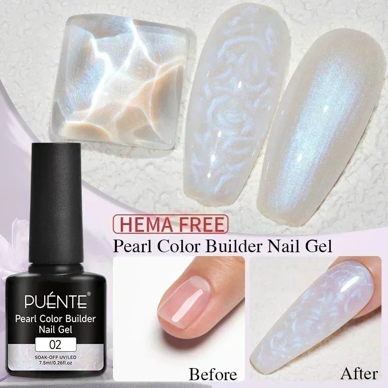 Pearl color builder nail gel in a 7.5ml black bottle, showing a pearlescent, iridescent finish for nail extensions.