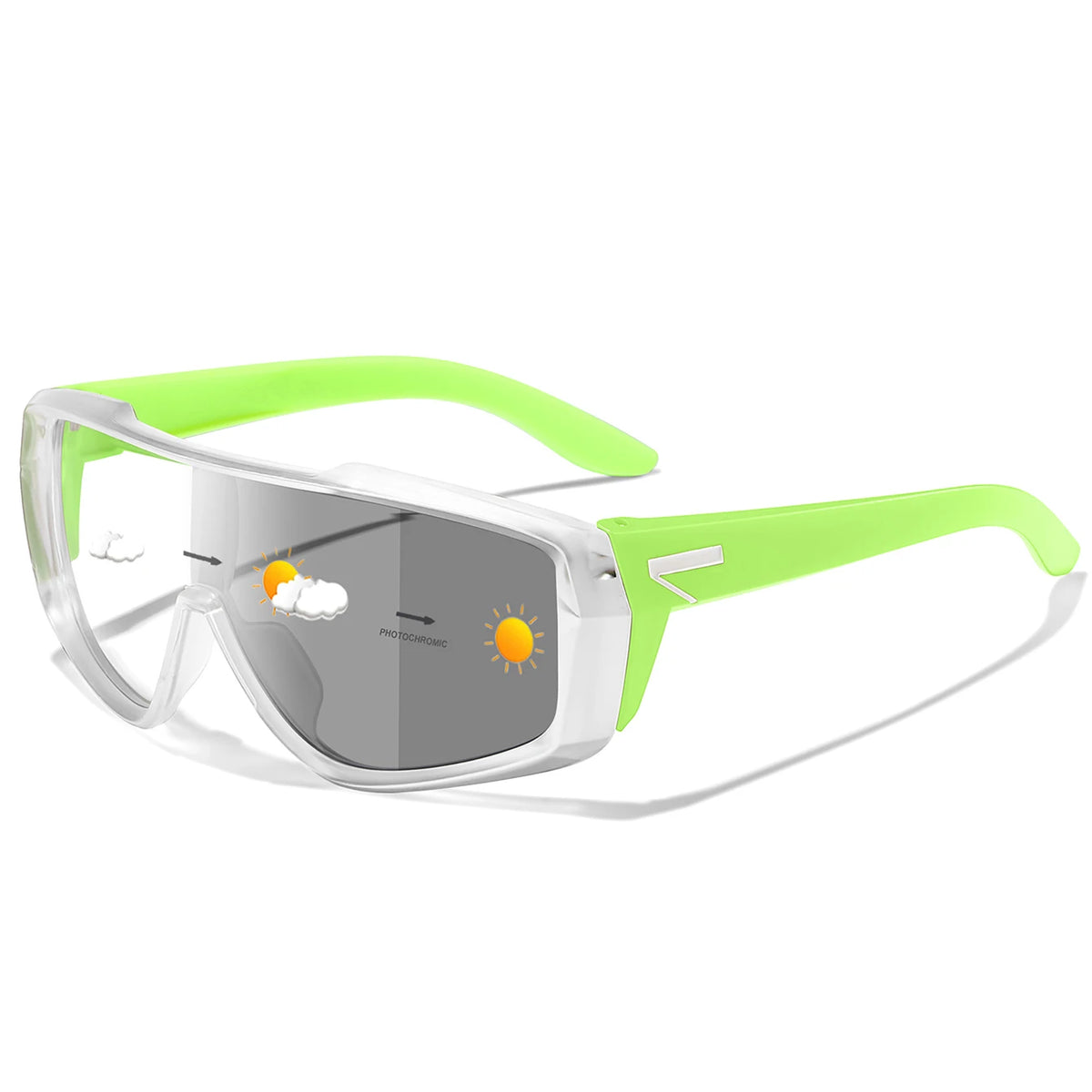 Photochromic sports eyeglasses with neon green frame and dark gray tinted lens