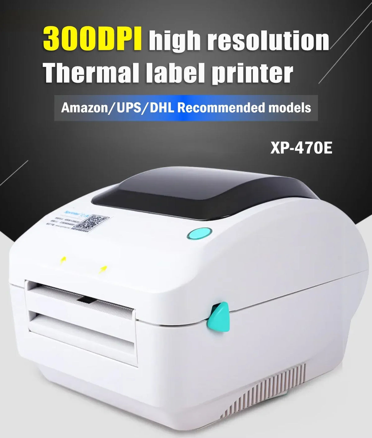 Desktop thermal label printer front view with label feed opening and turquoise button