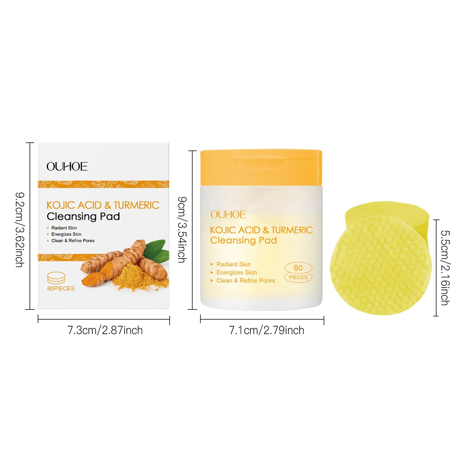 OUHOE Turmeric Kojic Acid Exfoliating Cleansing Pads Fade Dark Spot Oil Brightening Moisturizing Whitening Facial Sponges Cotton
