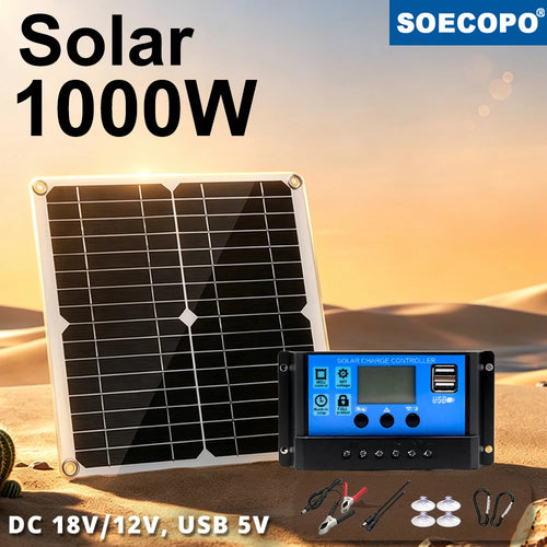 Square solar panel with a blue charge controller, USB ports, cables, and suction cups on a sandy desert background.