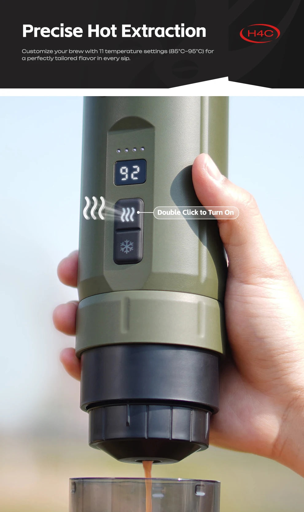 H4C portable olive green coffee maker with digital temperature display and tactile heating controls for precision brew.