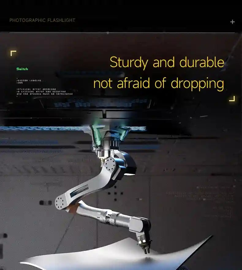 Photographic flashlight with a silver, articulated multi-jointed metal arm for precise studio lighting positioning.