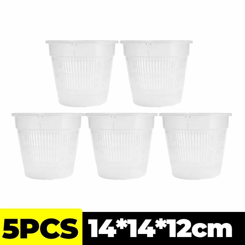 Set of 5 clear plastic orchid pots with ribbed sides and round rims, compact nursery planters