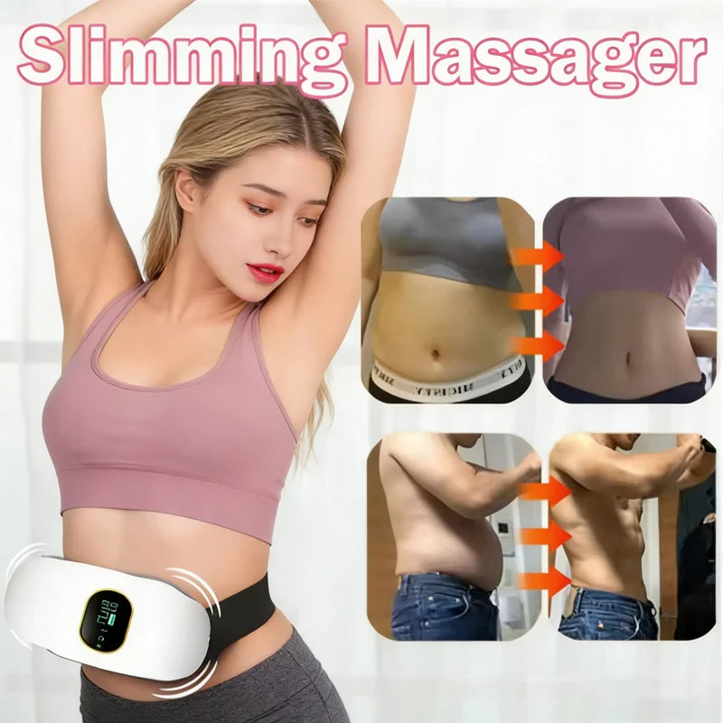 White electric body massager belt with digital display, worn around the waist for sculpting and fat reduction.