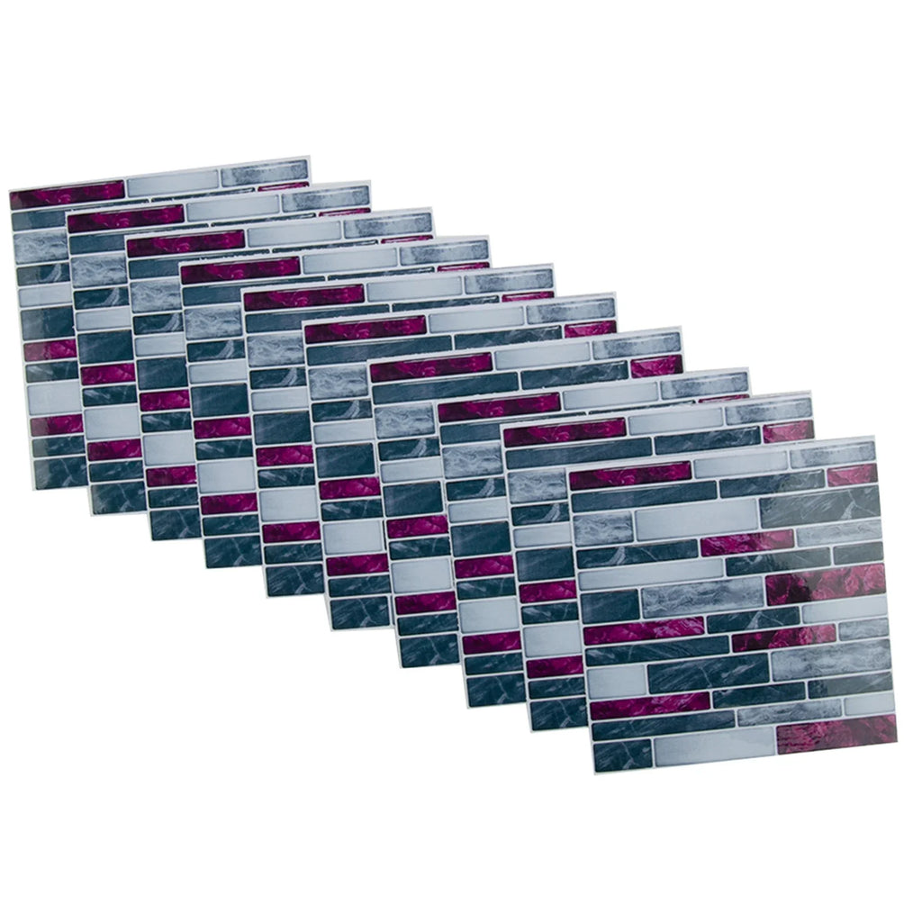 Self-adhesive 3D brick tile sticker set, teal, gray, and purple marble look