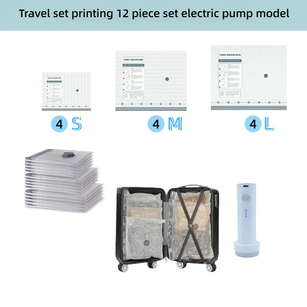 Tidesmit 9-pack travel vacuum seal bags showing portable electric pump and space saver compression for luggage storage.