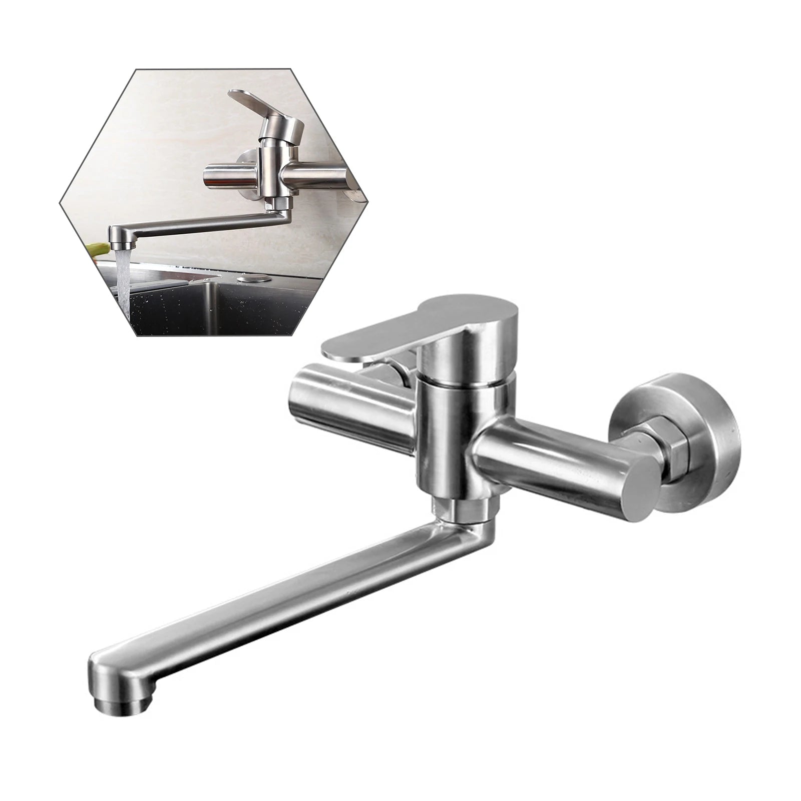 Silver Wall-Mounted Stainless Steel Rotatable Kitchen Faucet 360° Single Handle Hot and Cold Water Faucet For Both Homes Etc