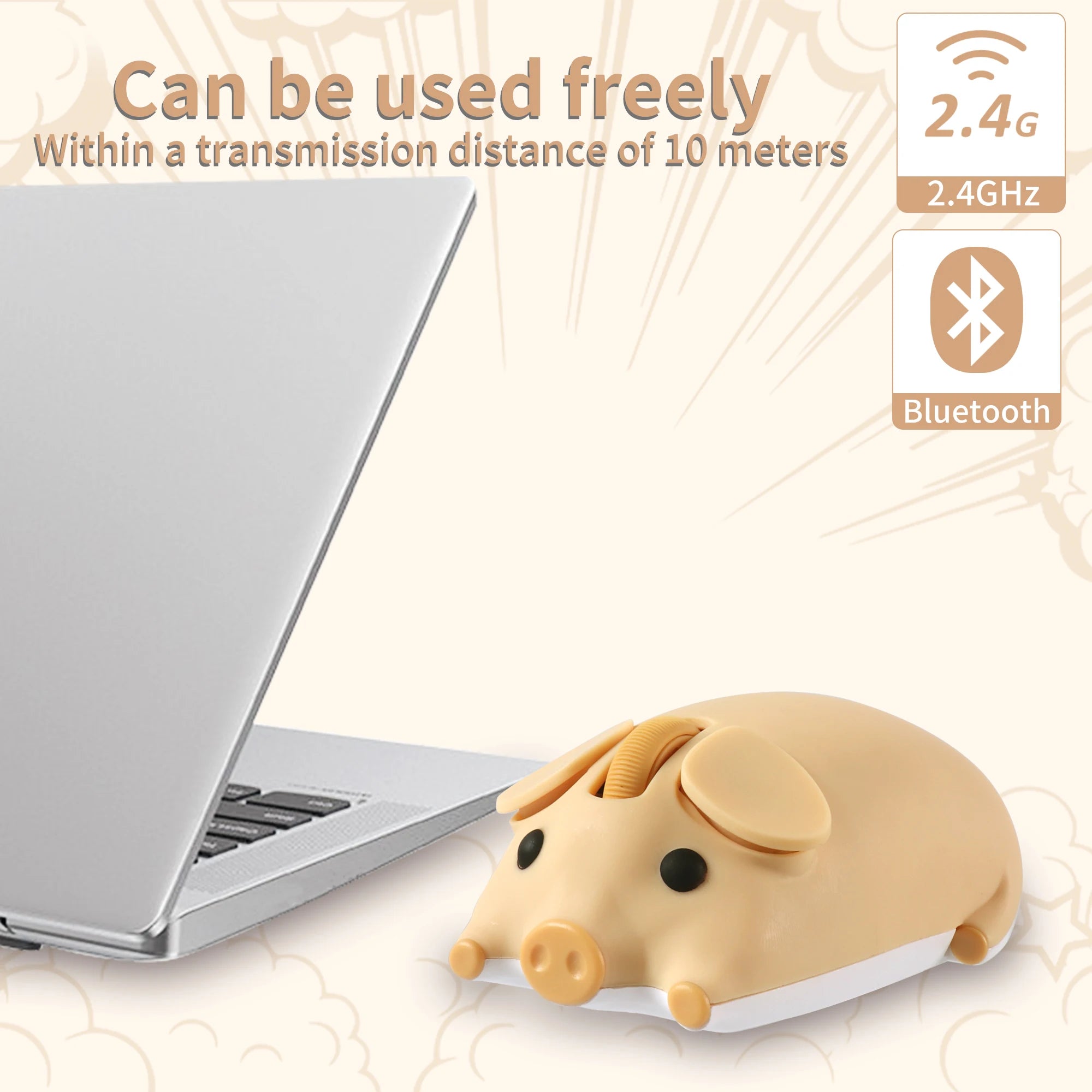 Cute 3D Little Pig Wireless Mouse 2.4G Bluetooth Dual-mode Silent For Women Office Laptop PC