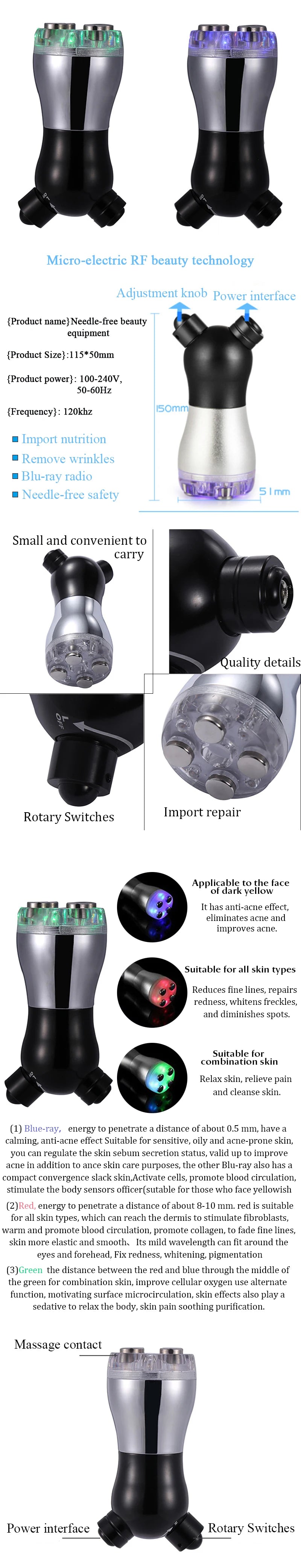 Needle-free facial beauty device with black and silver finish, multiple LED light modes, and three-point contact head.