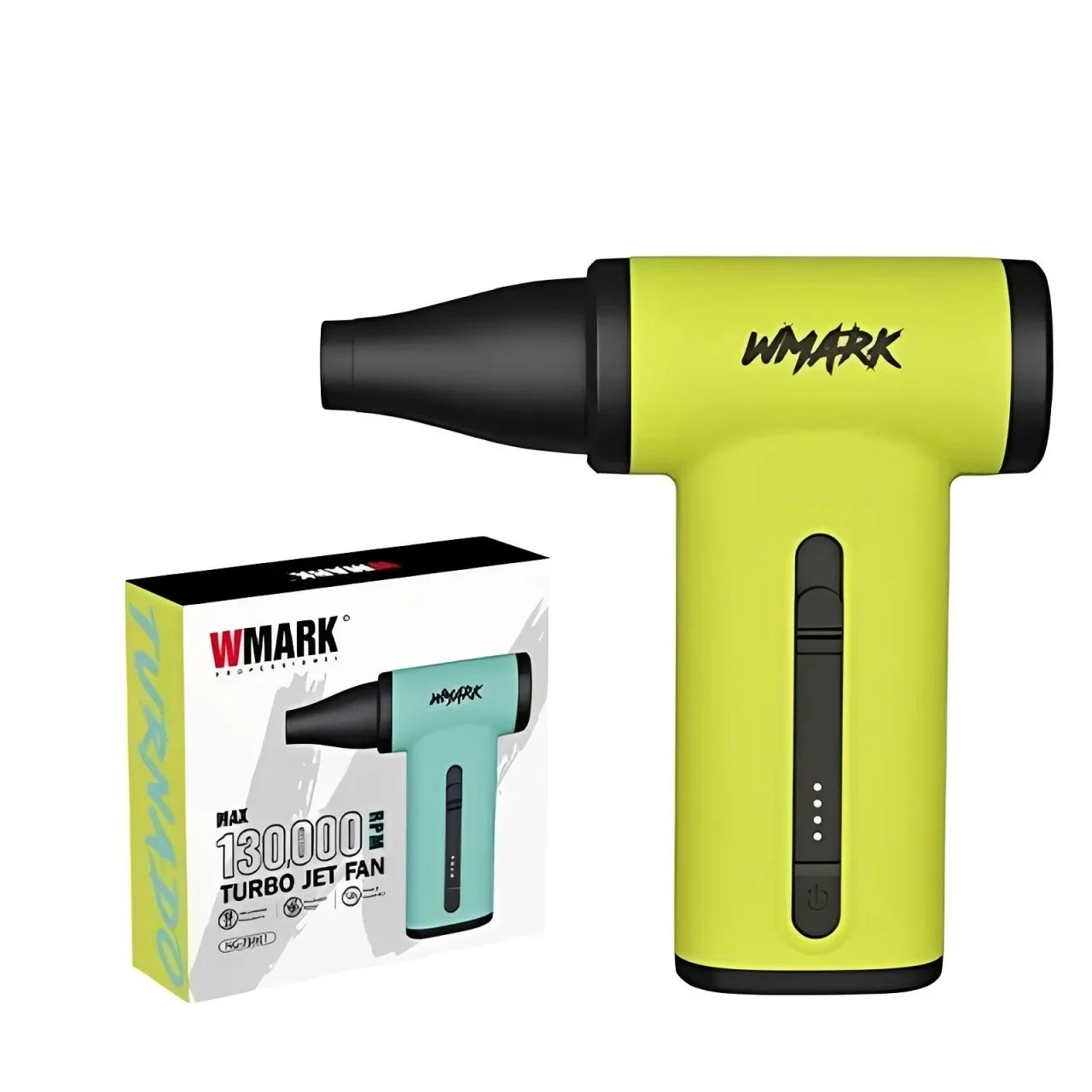 WMARK cordless 130k RPM turbo jet hair dryer in lime green with nozzle attachment and product packaging.