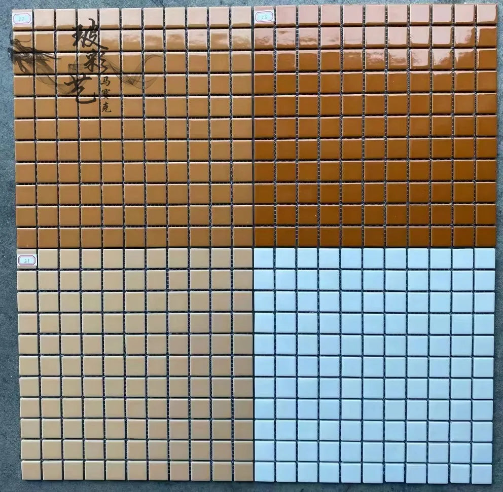 Ceramic mosaic tile sheet with brown upper tiles and pale blue lower tiles