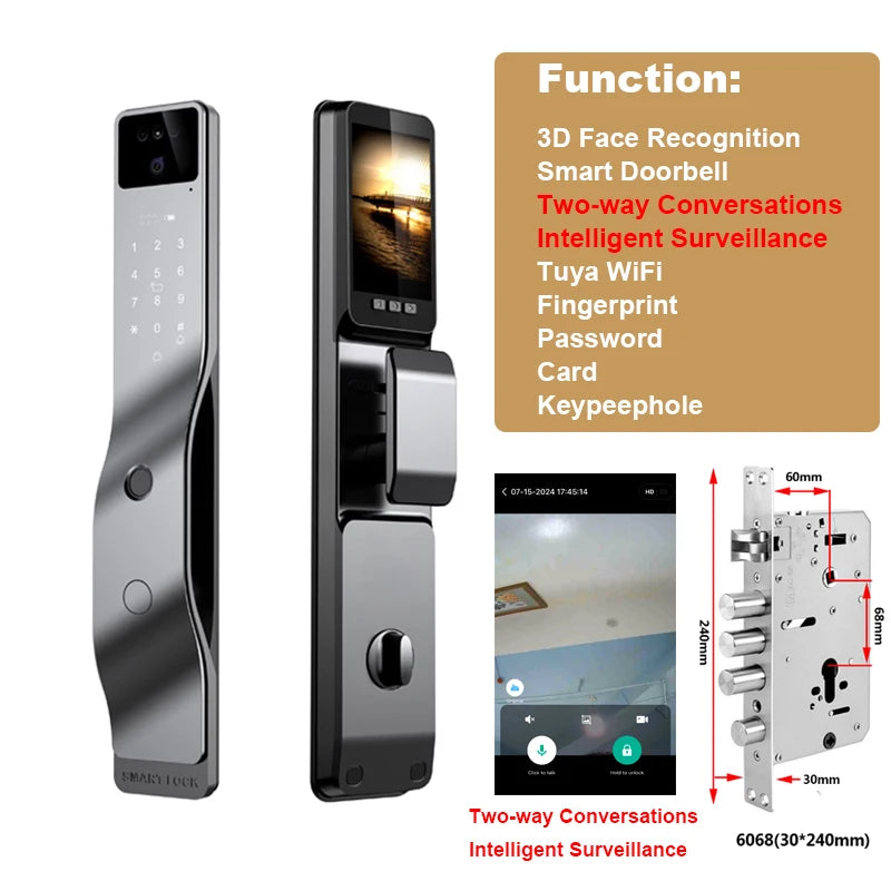 3D Face Recognition Smart Door Lock WiFi Electronic Home Lock with Camera RFID Card Compatible with Tuya for Smart Home Security