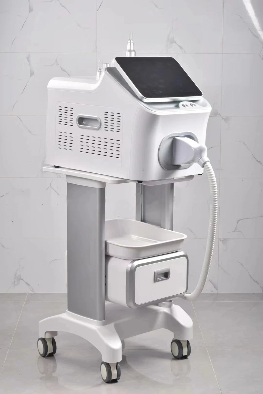 Portable 4000W Nd:YAG Picosecond laser tattoo removal machine with touchscreen, white rolling stand, and handpiece.