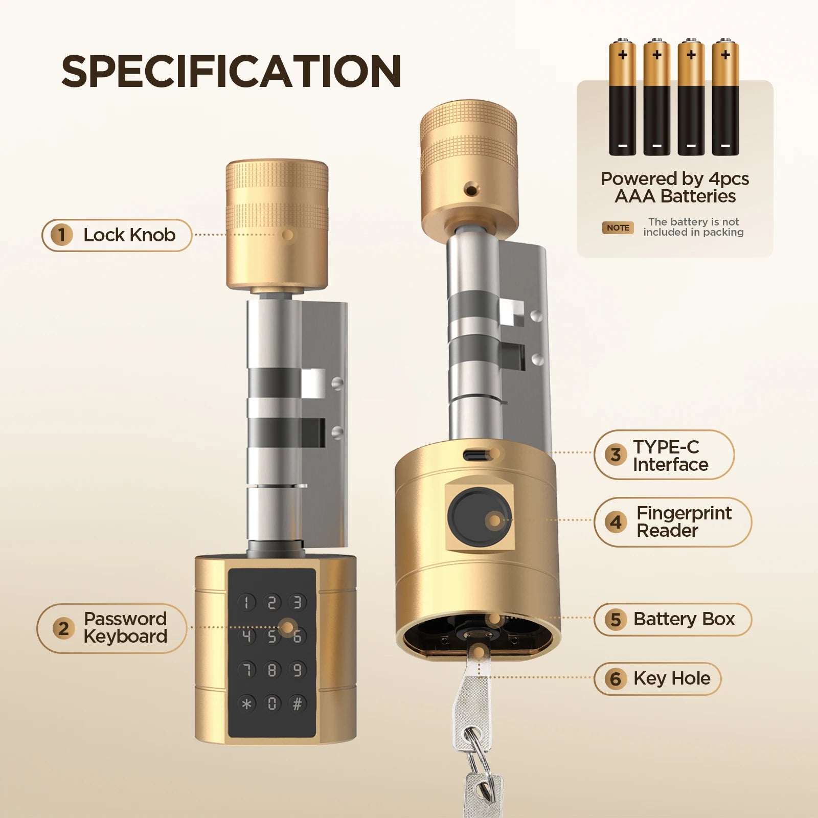 Viladepot Smart Lock Cylinder Fingerprint, Passcode, Card, App Control, Type-C Emergency Power, Indoor Door Lock