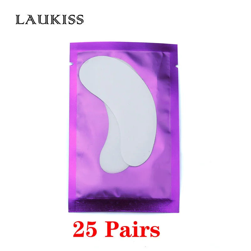 White lint-free under-eye gel patches for eyelash extensions in a shiny purple foil packet.