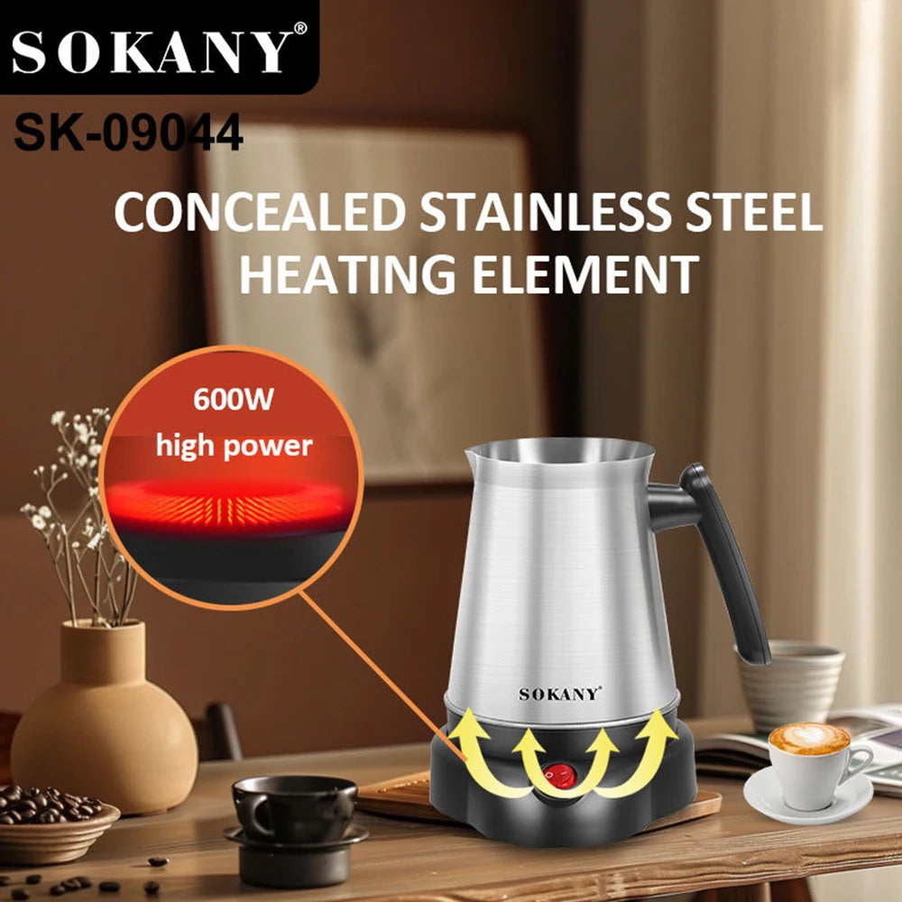 Sokany 600W stainless steel electric Turkish coffee maker with black handle and base and concealed heating element.