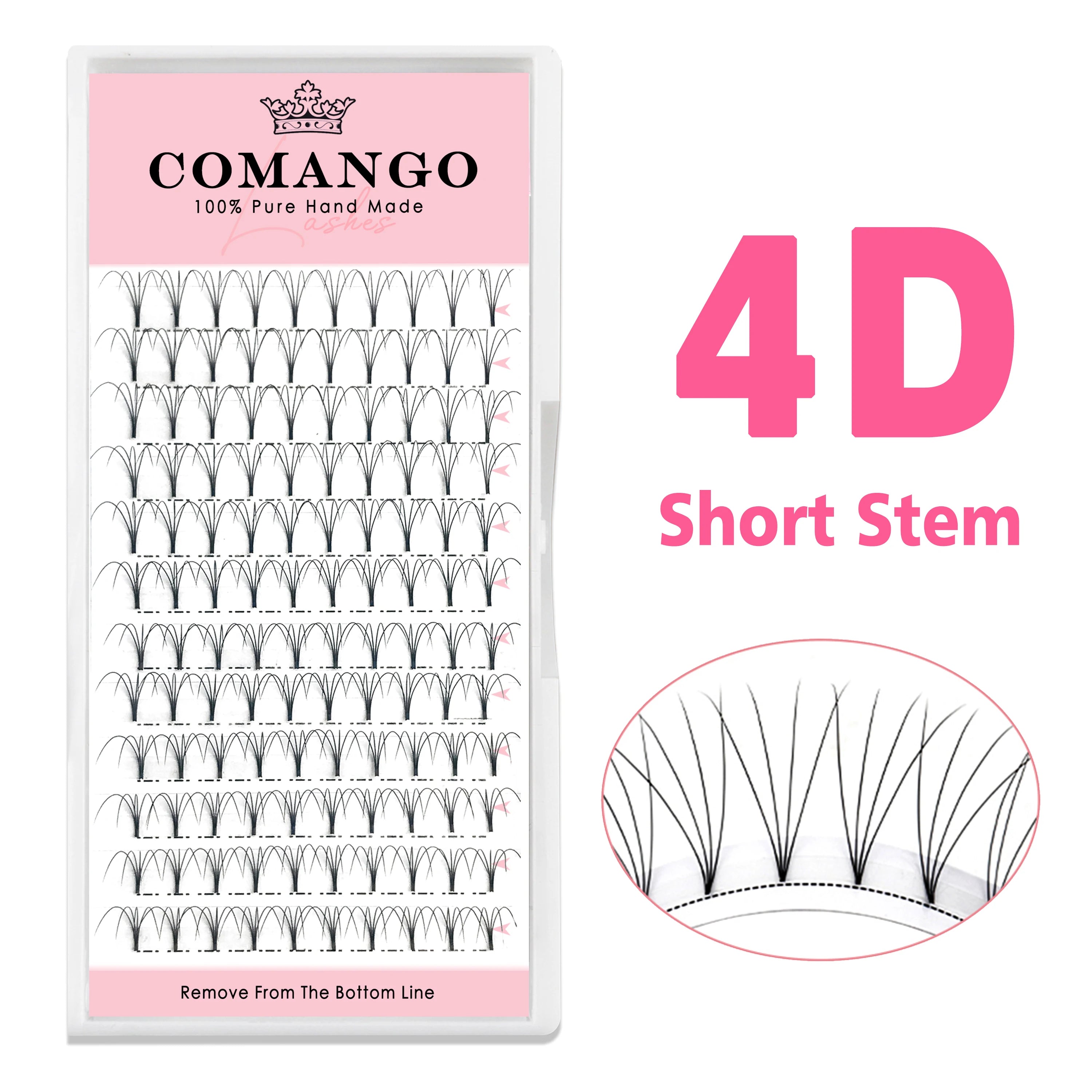 Tray of black Comango 4D premade short-stem volume lash fans with a detailed close-up view.