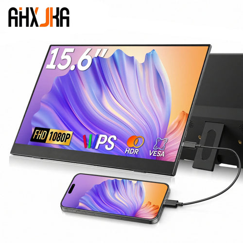 15.6-inch thin-bezel portable monitor showing FHD, IPS, HDR, and VESA support, connected to a smartphone via USB-C.