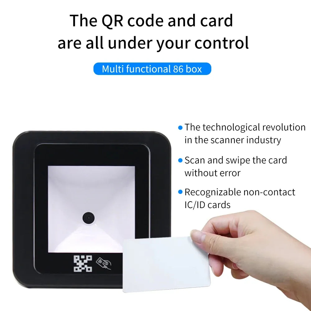 Black QR code access card reader face with QR scan area and an access card held near it.