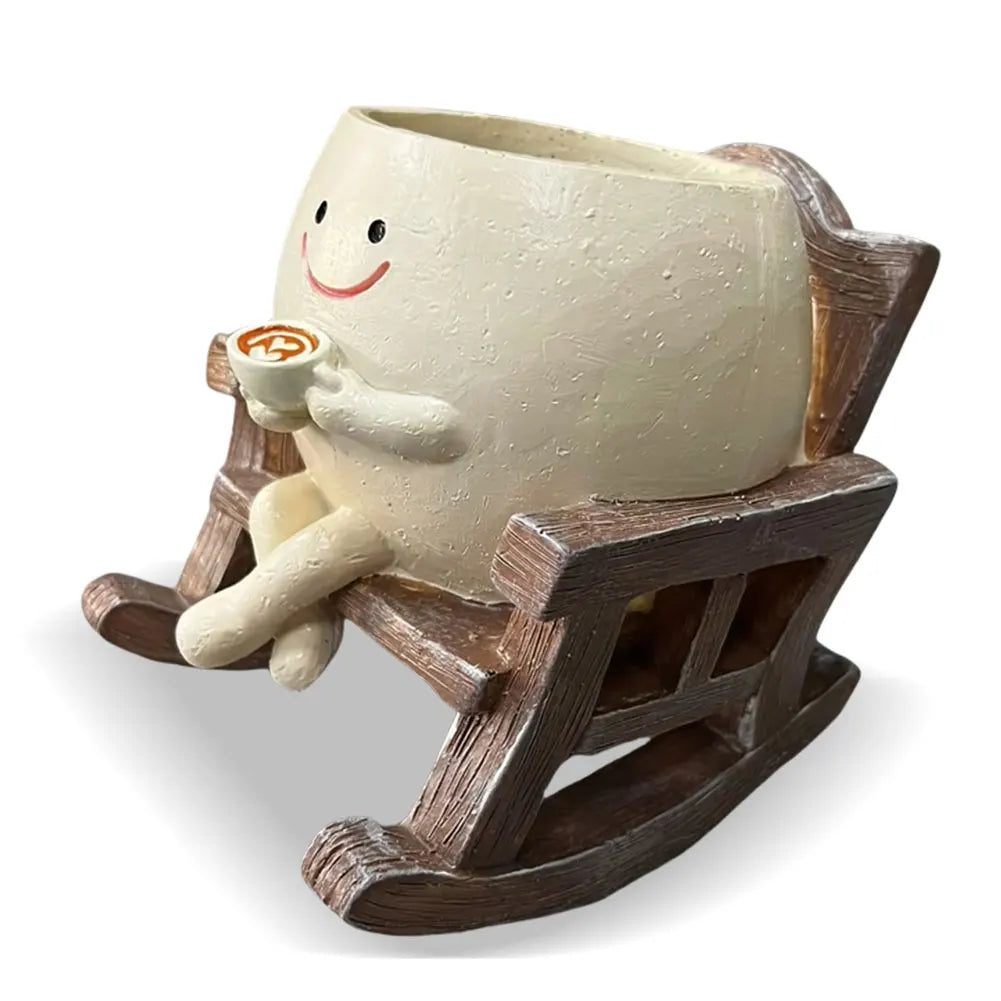 Smiling face rocking succulent planter with small cup, brown and cream pot