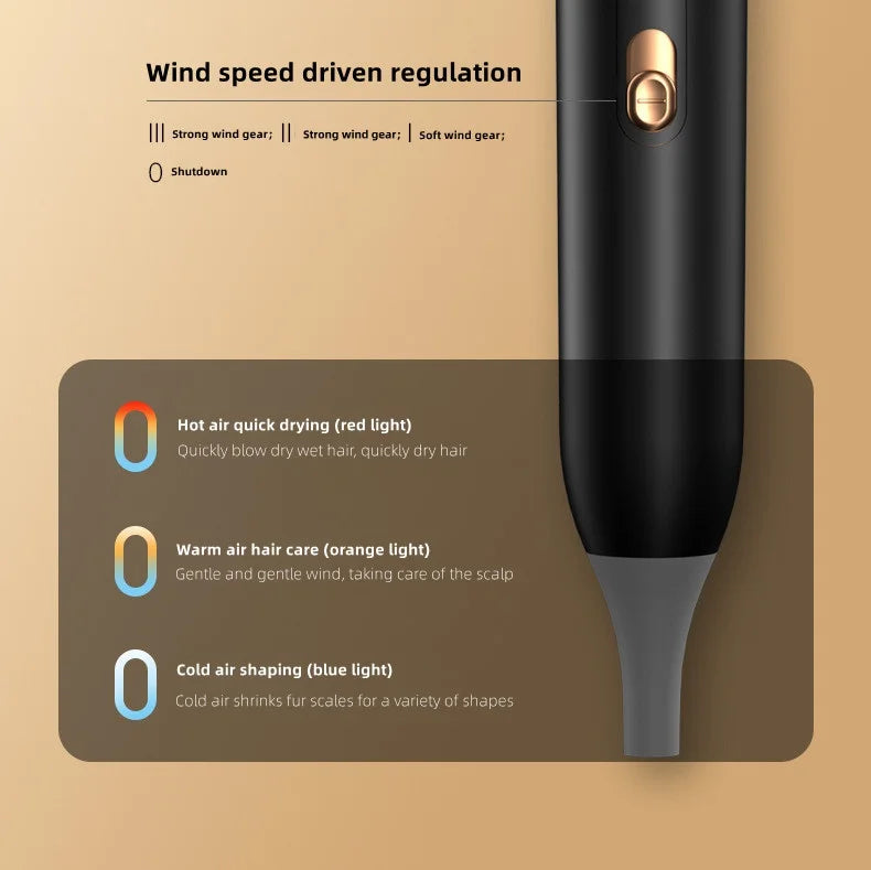 Black 2400W high-speed hair dryer showing variable wind speed settings and LED heat modes for professional salon care.