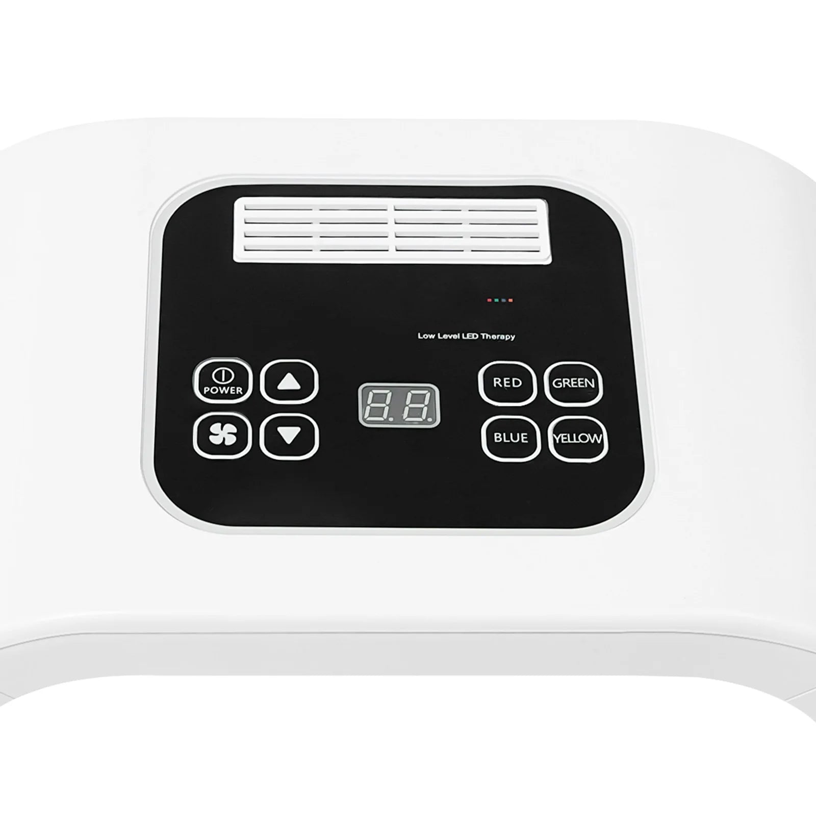 White, arched LED light therapy device with a black control panel featuring digital display and color selection buttons.