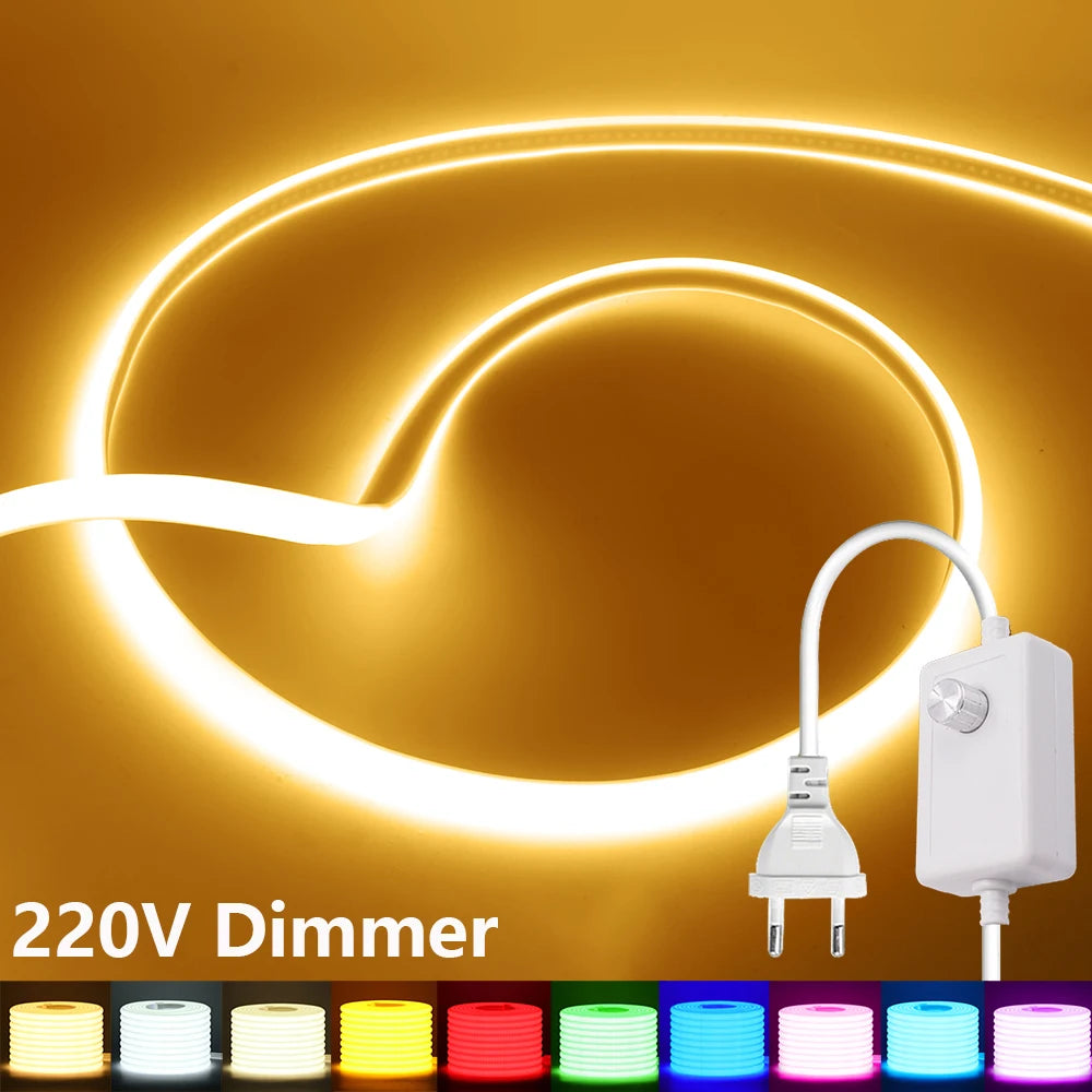 Dimmable 220V COB LED Light With Dimmer EU Power Kit Neon Strip 288Leds/M Waterproof Garden Room Home Bar Lighting Flexible Lamp