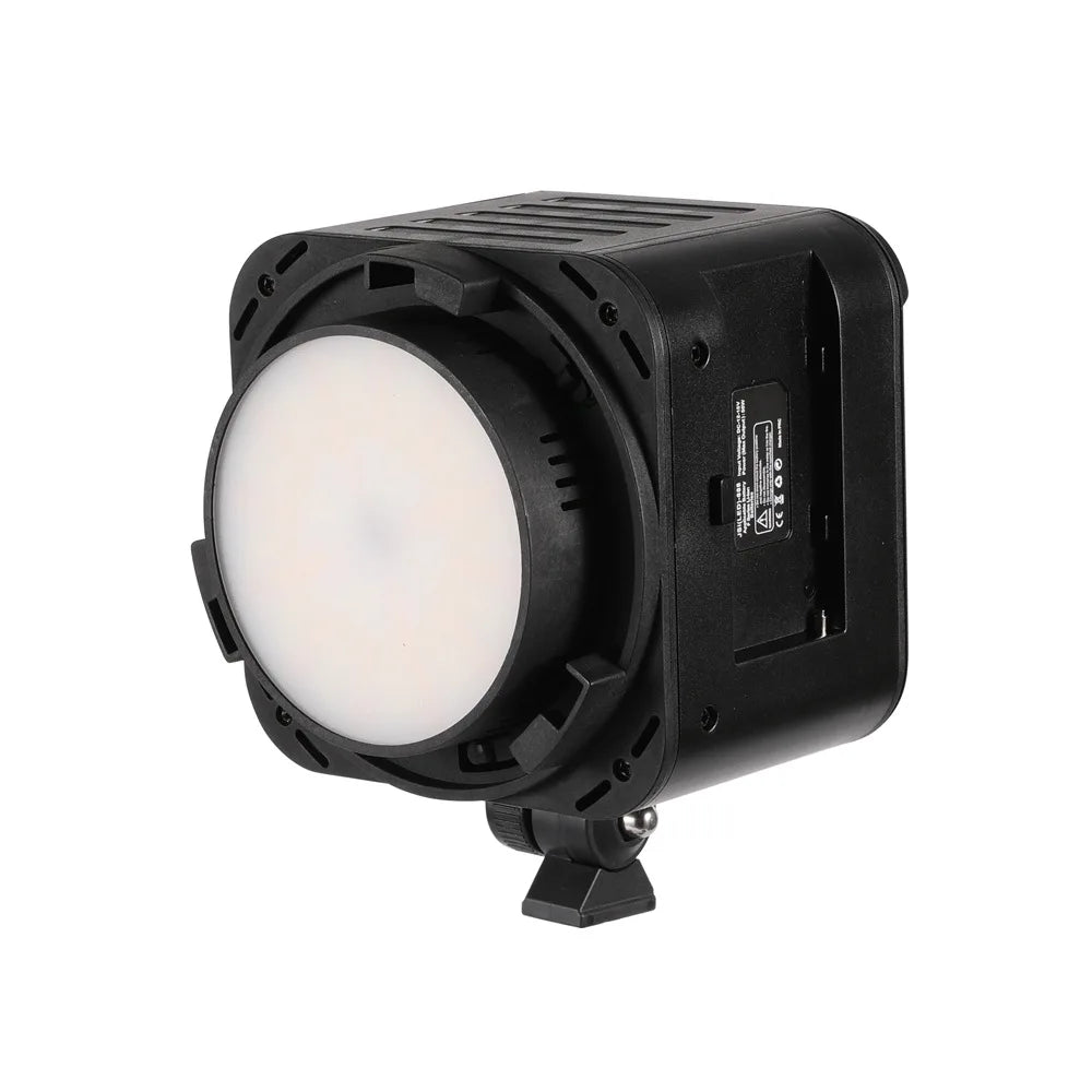 Black square LED studio light with a round white diffuser lens and a base mount for video and photography lighting.