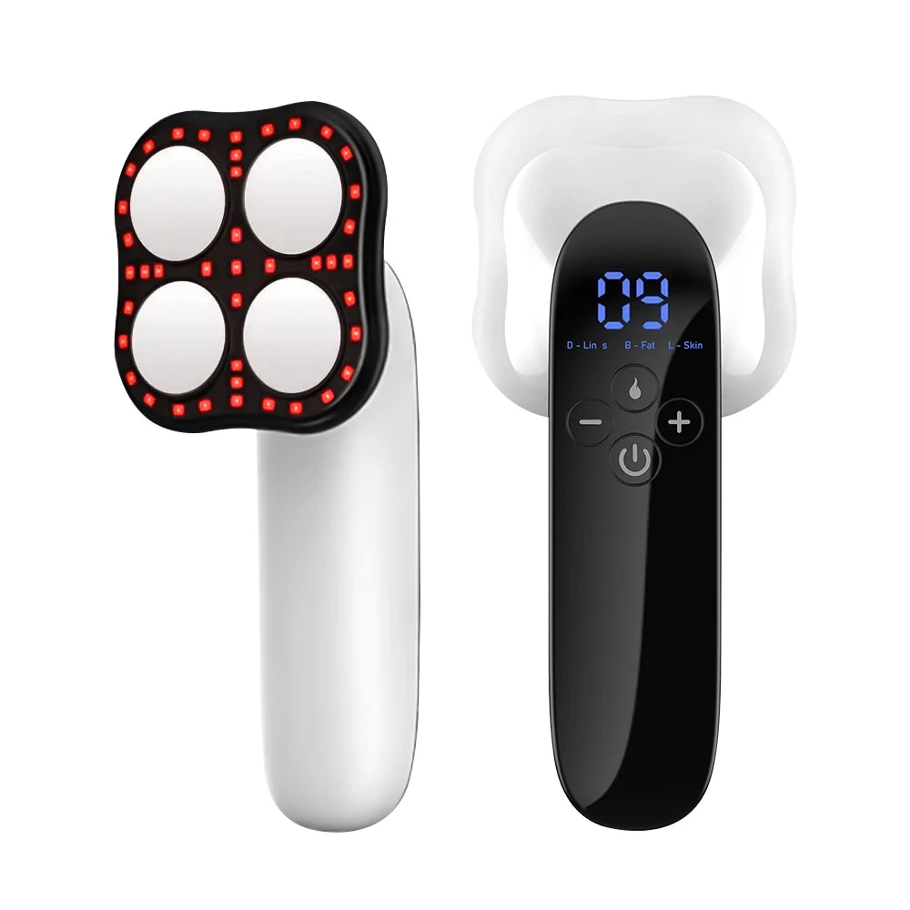 Handheld facial slimming device with red LED lights, four massage heads, and a digital control panel display.