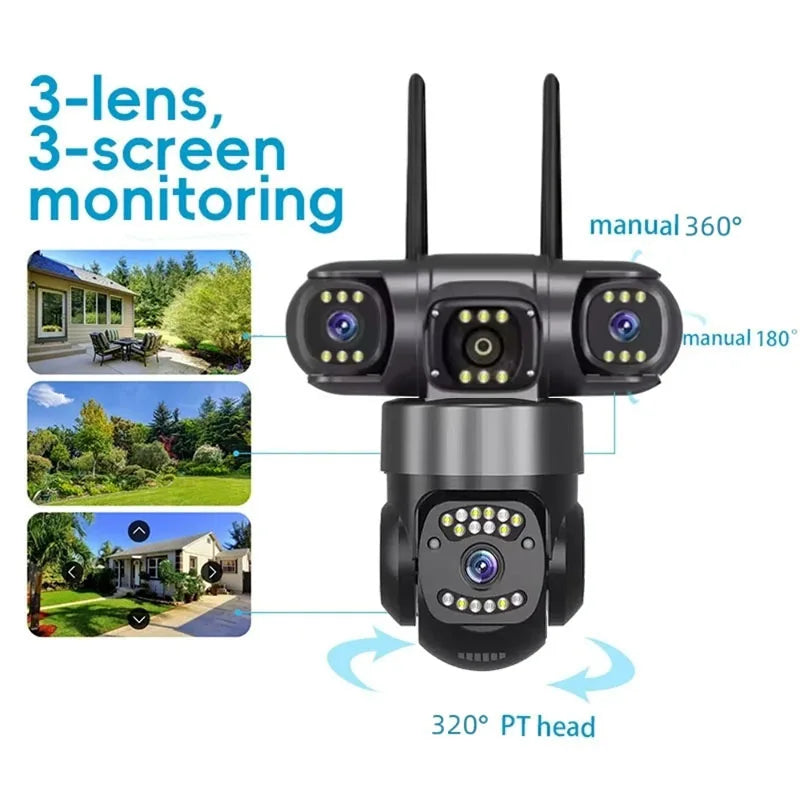12MP WiFi IP Camera Outdoor Three Lens AI Tracking PTZ 10X Zoom Wireless Security CCTV Video Surveillance