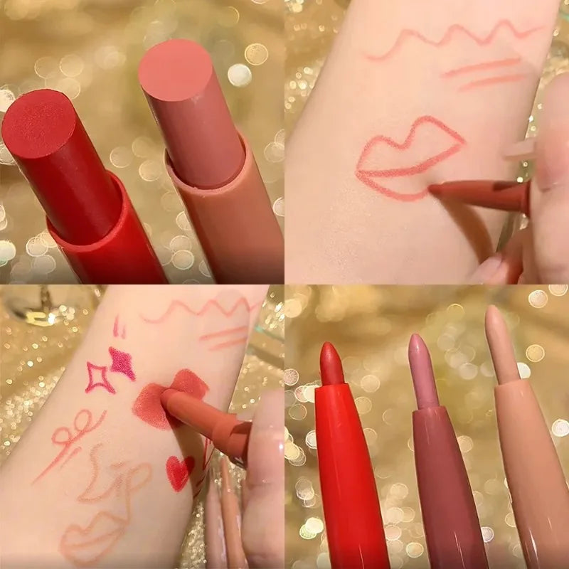Dual-ended matte lip liner and lipstick set in rose red and nude shades with waterproof, long-lasting pigment on skin.