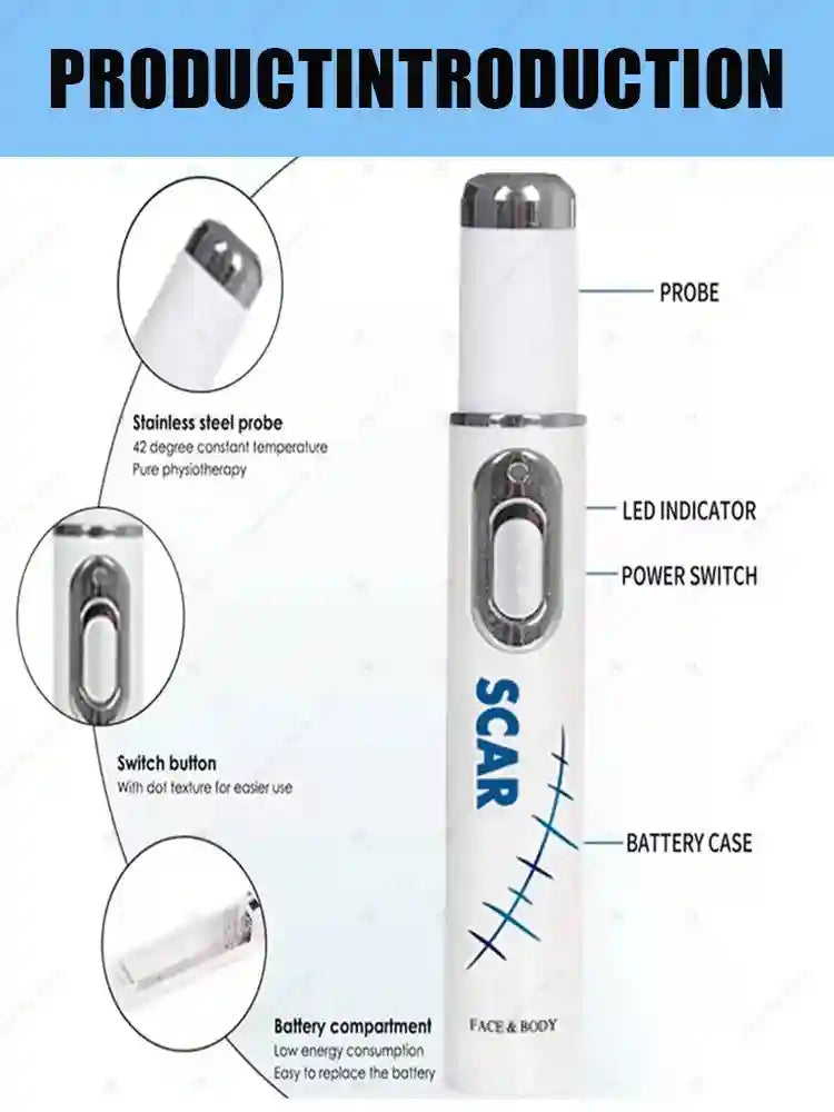 White, cylindrical, handheld scar therapy device with stainless steel probe, power button, and labeled parts diagram.