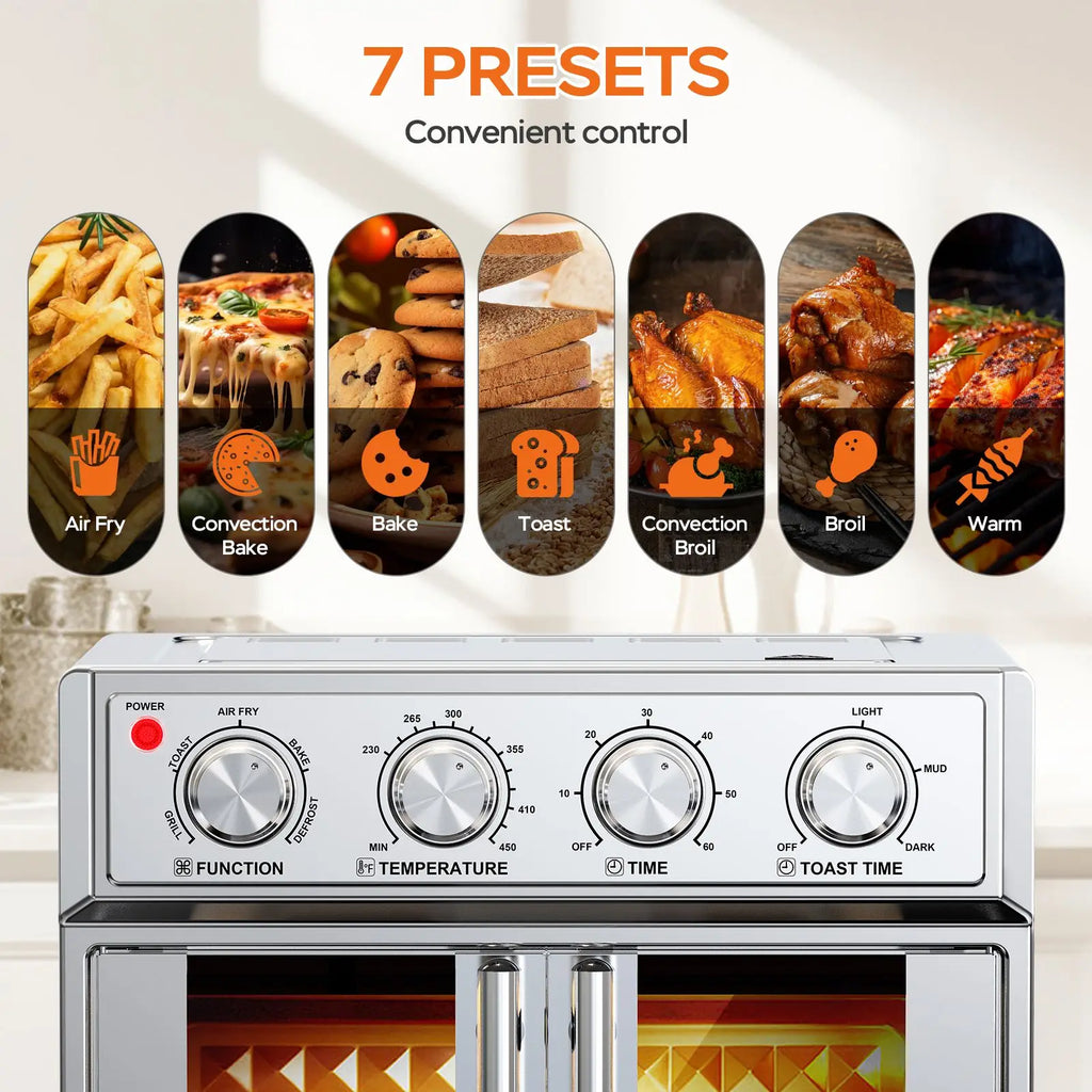 29.5 QT French Door Air Fryer Convection Toaster Oven, Extra Large 6 Slices, 1700W, Multifunction Oven for Air Fryer, Toast, Grill, Defrost, Bake, Time and Temperature Controls, Silver