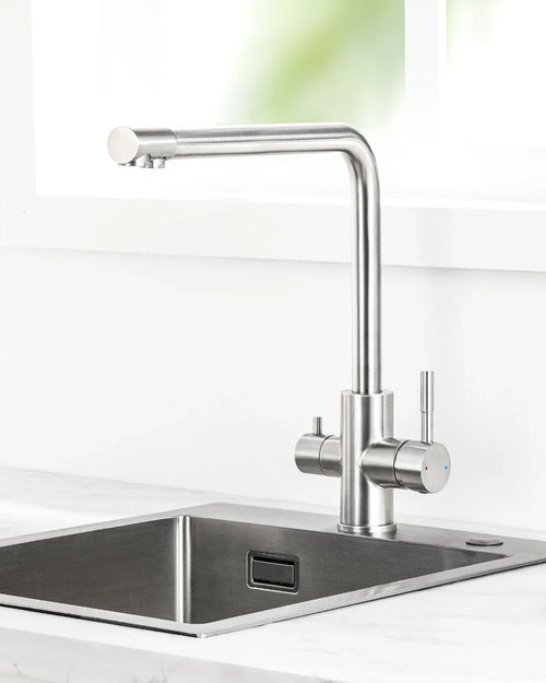 Brushed stainless steel kitchen faucet with two handles and tall curved swivel spout