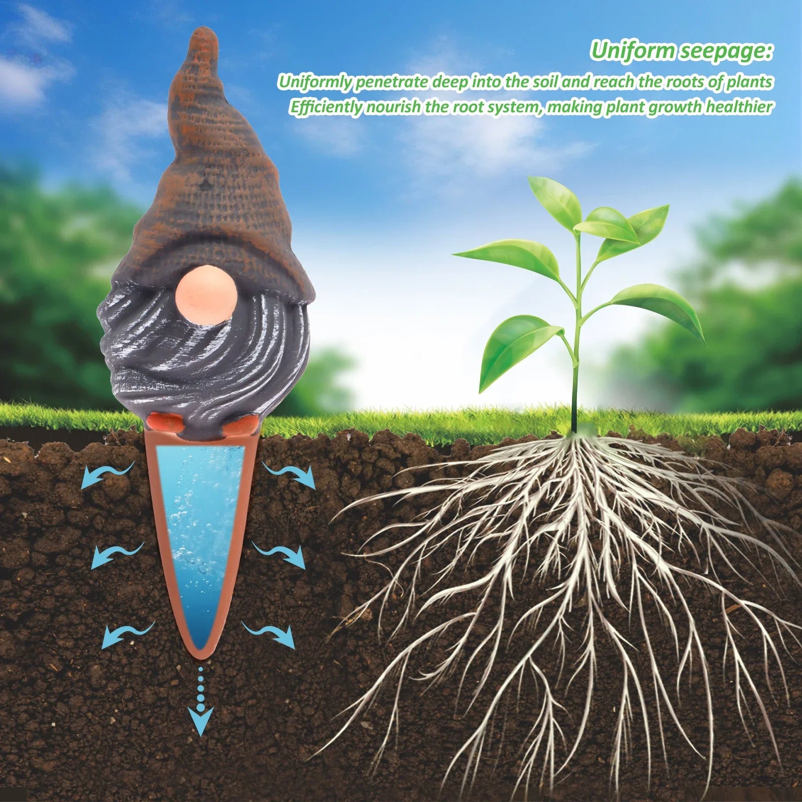 Brown ceramic self-watering spike with bulb reservoir in soil by small tree sapling