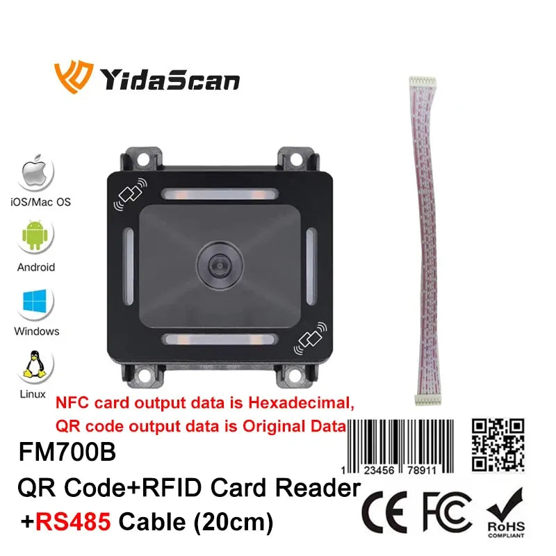 Black QR and RFID card reader module with ribbon cable and front indicator window