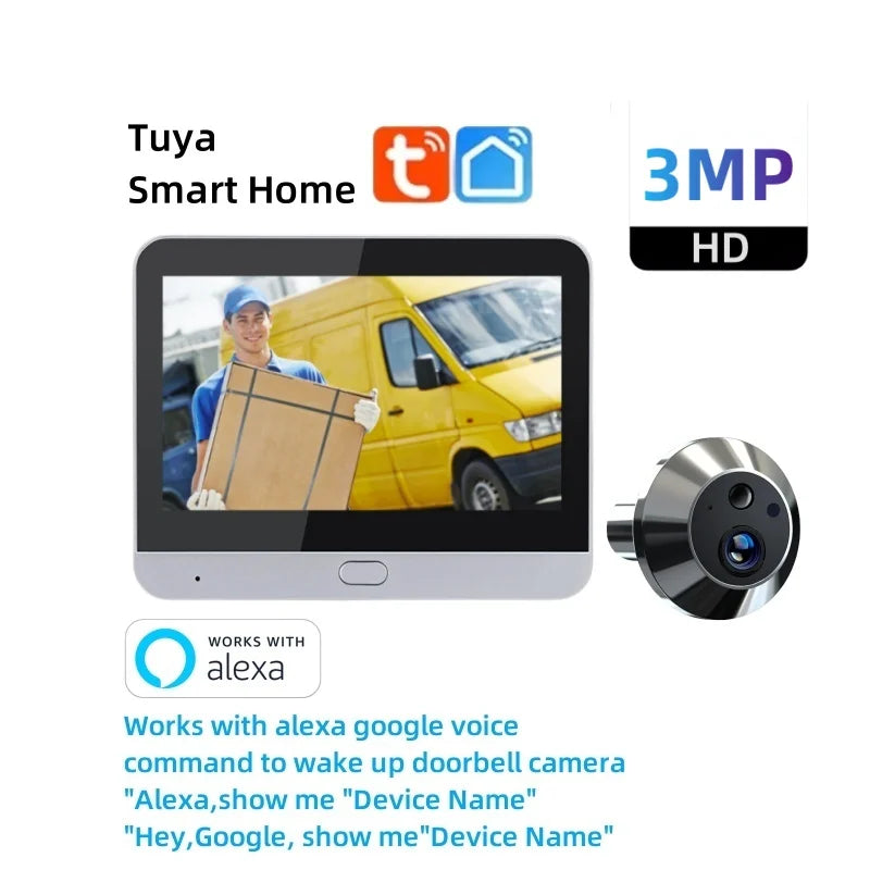 3MP HD video door peephole camera with screen and silver lens, works with Alexa, 32G