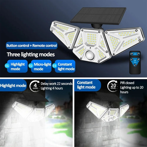Solar wall light with triple lighting modes and remote control, PIR sensor light bar