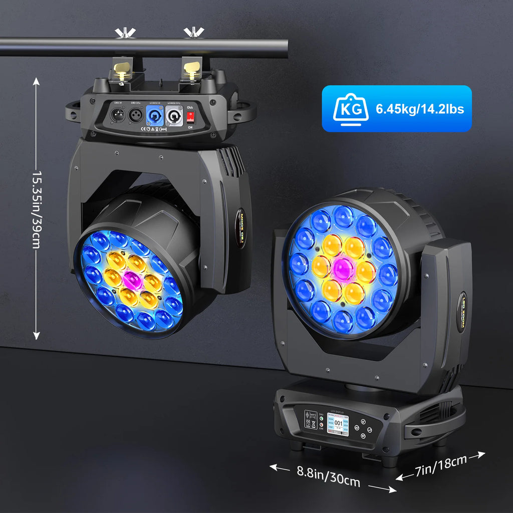 2PCS 19x15W Beam Moving Head Light RGBW LED Lighting Zoom Wash Lights DMX Stage Effect Lighting for Disco Party Concert Theater
