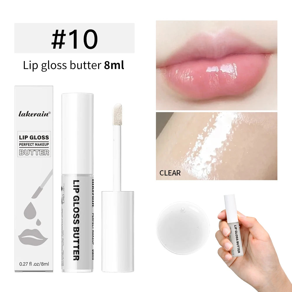 Non-stick butter lip gloss in clear shade with mirror-like, moisturizing finish for high-shine, hydrated lip makeup.