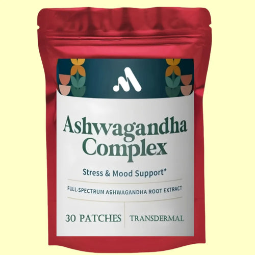 Red pack of 30 Ashwagandha complex transdermal patches for adaptogen stress and mood relief.